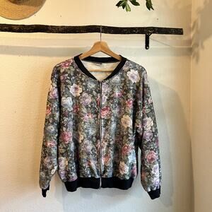 Vintage Textured Cottage Floral Zip up Bomber Sweater Gnome Jacket